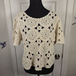 ​Ultra Pink Ivory Crochet Macrame Top Cottagecore Boho Festival Blouse L